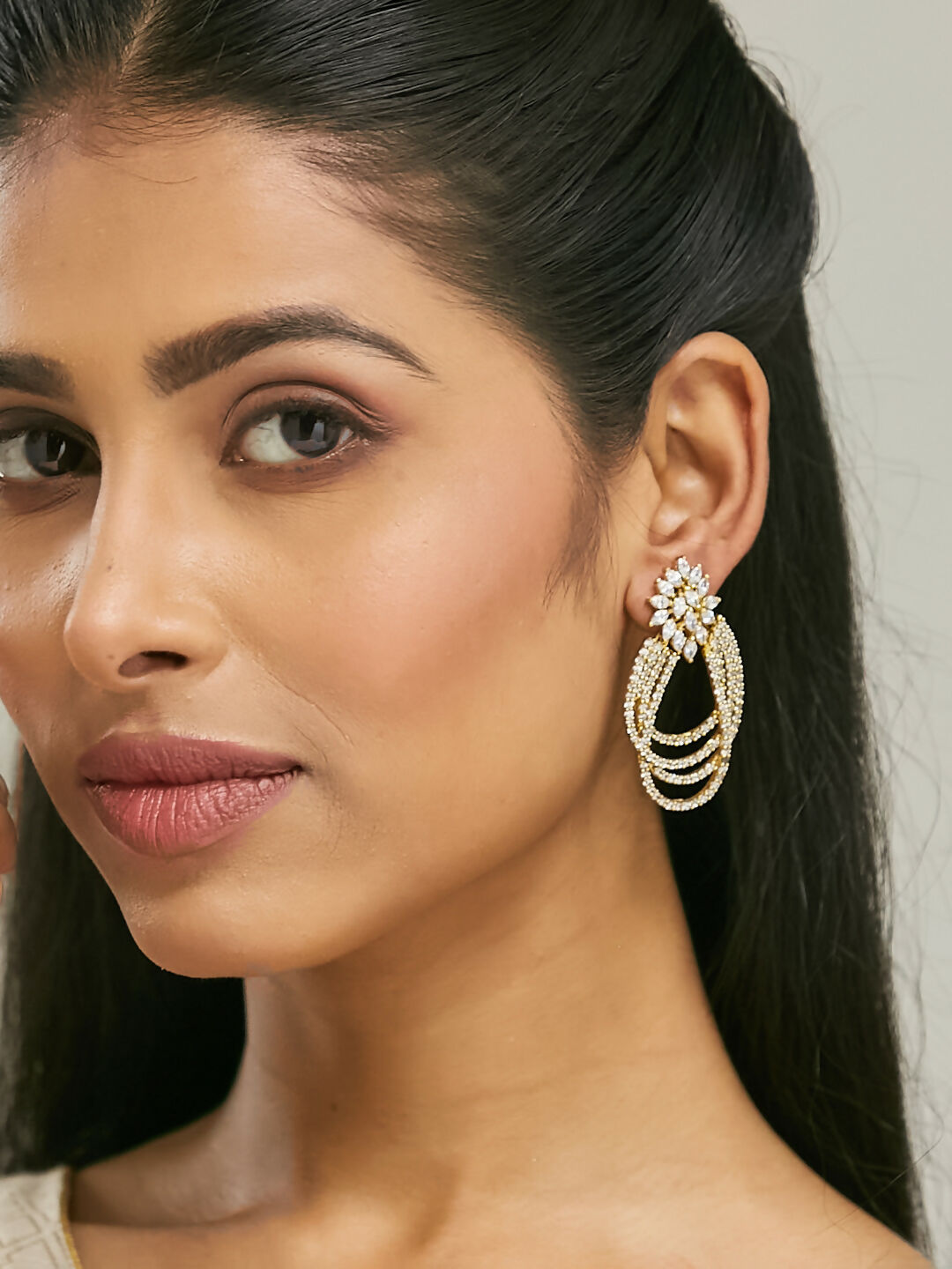 Nuyug 22K Gold-Plated Floral Motif Zircon Stone Studded Teardrop Shaped Elegant Drop Dangler Earrings