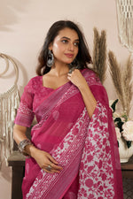 Thumbnail for Joban Fashion Pink Floral Linen Ready To Wear Saree With Unstitched Blouse - Distacart