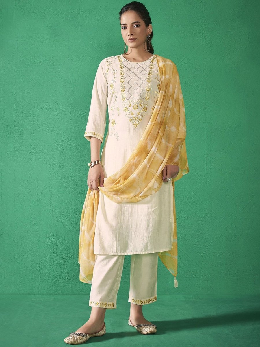 Anouk Yellow Floral Embroidered Chanderi Silk Straight Kurta With Trousers & Dupatta - Distacart