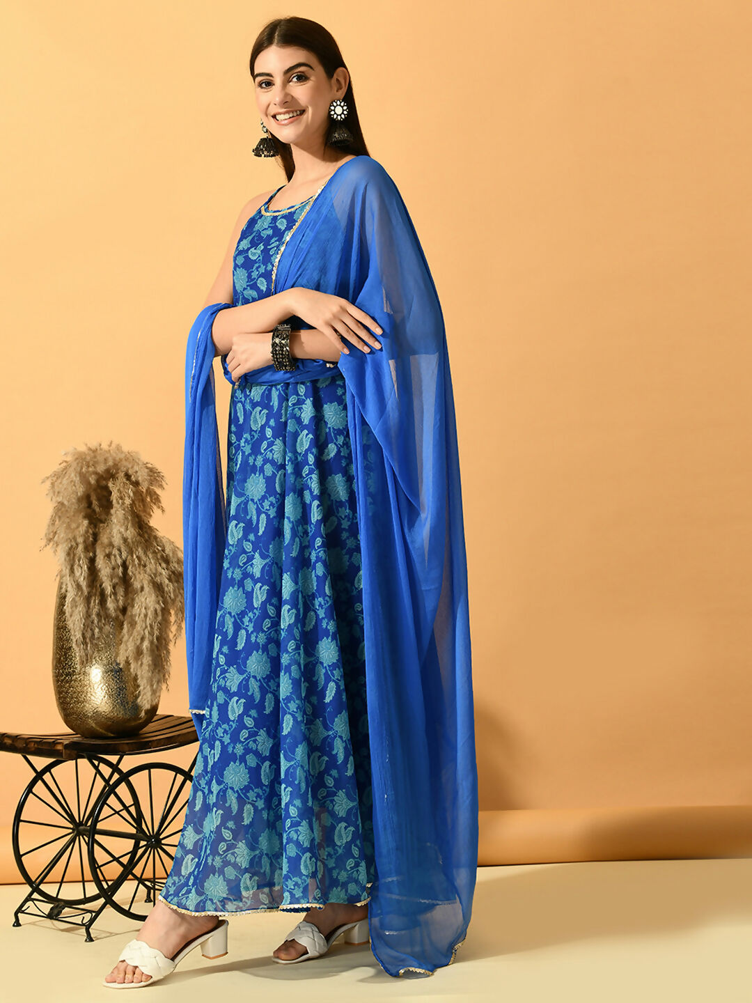 Myshka Women's Blue Festive Flared Anarkali Kurta With Dupatta sets - Distacart