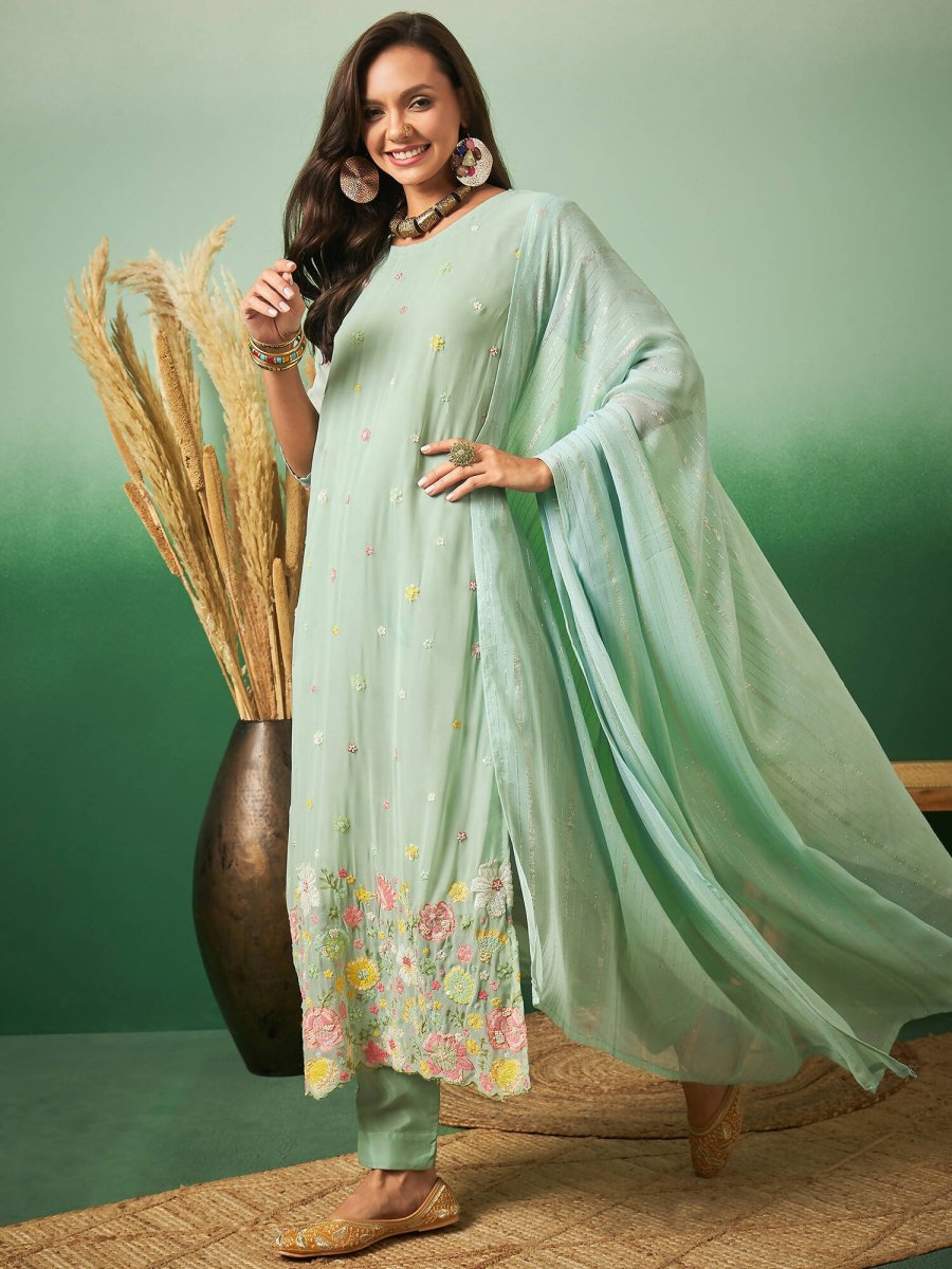 Aqua Blue Georgette Handwork Unstitched Dress Material - Hanika - Distacart