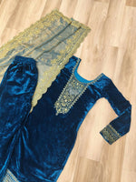 Thumbnail for Vastranavya Morpeach Velvet With Rich Sequins & Zari Embroidered Work Top-Bottom With Dupatta - Distacart