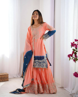 Joban Fashion Peach & Blue Palazzo Chinon silk Coding Dori with Sequence with Rivet Moti