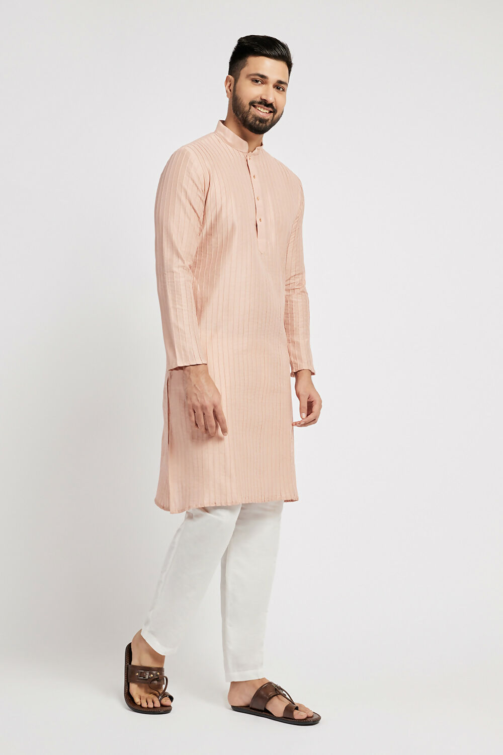 Ethnic India Pink Men's Kurta Striped Polyester - Distacart