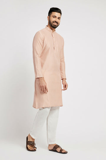 Ethnic India Pink Men's Kurta Striped Polyester - Distacart
