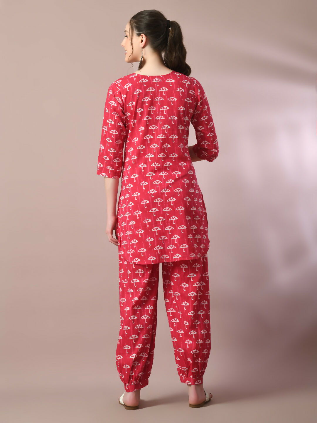 Myshka Women's Pink Printed Cotton Round Neck Party Tunic With Trousers Co-ord set - Distacart