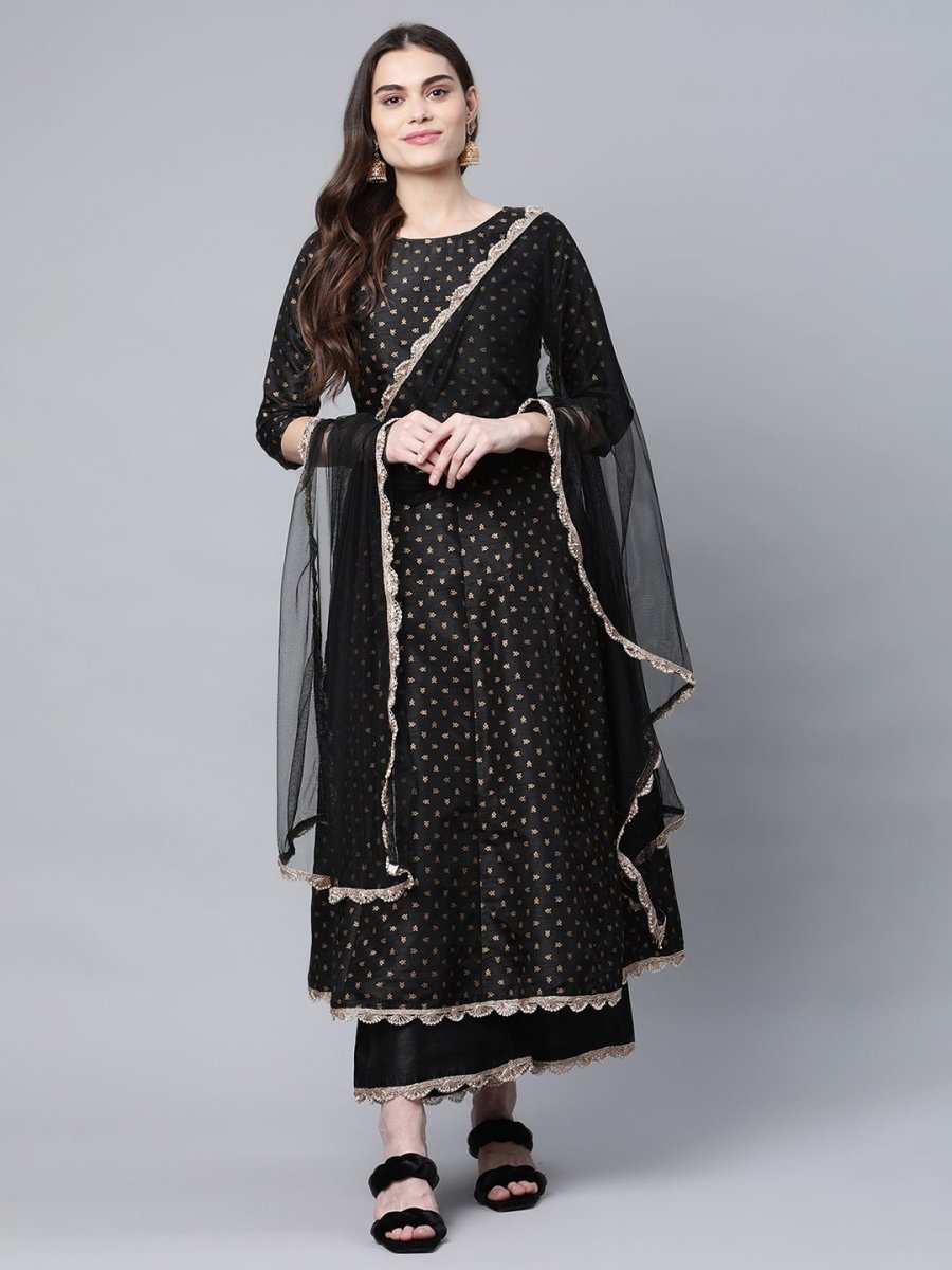 Ahalyaa Women Black Poly Silk Gold Printed Anarkali Kurta Palazzo Set With Dupatta - Distacart
