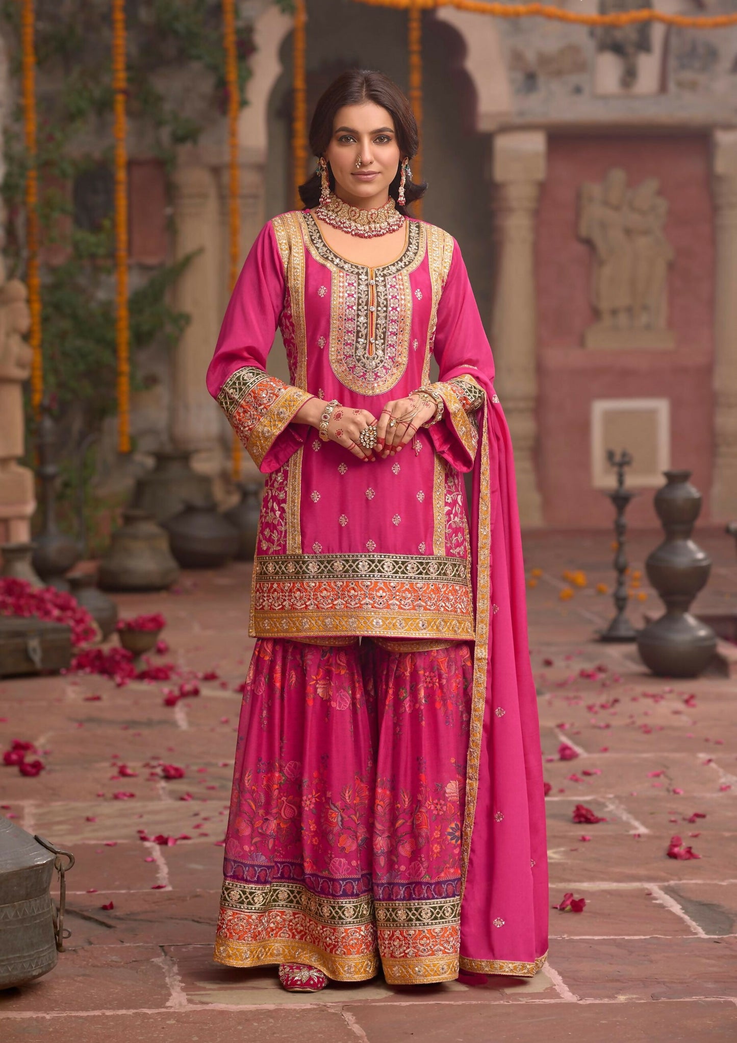 Anaita Rani-Pink Chinon Readymade Palazzo Suit with Codding Dori & Sequence Work - Distacart
