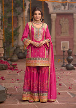 Thumbnail for Anaita Rani-Pink Chinon Readymade Palazzo Suit with Codding Dori & Sequence Work - Distacart