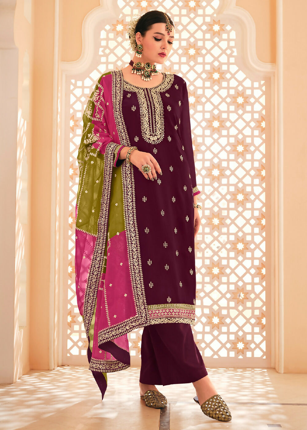 Dazzling Wine Embroidered Chinnon Palazzo Salwar Kurta - Emponline - Distacart