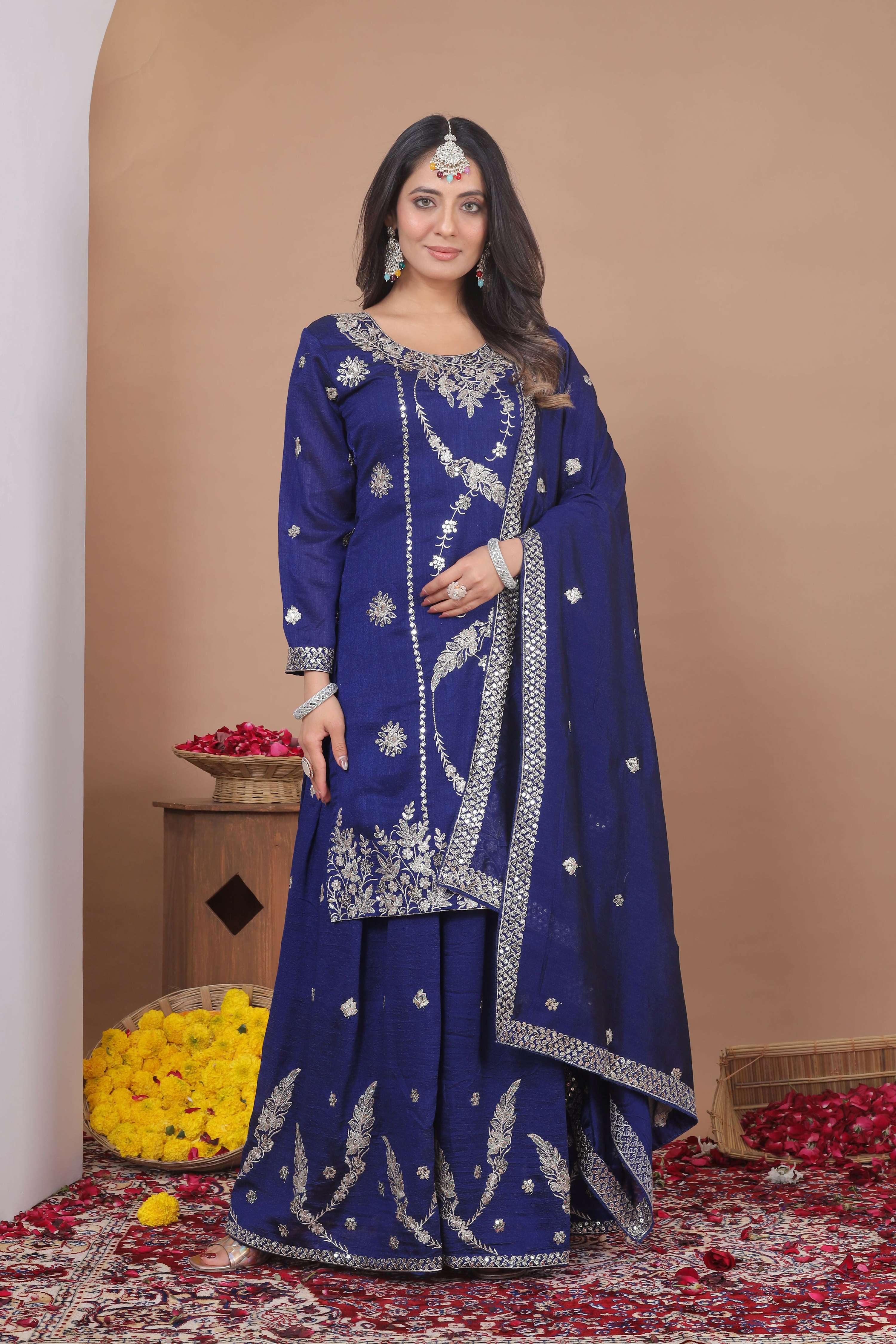 The52 Women's Gorgeous Embroidery Work Vichitra Blooming Fabric Straight Kurta Sharara and Dupatta Set - Dista
