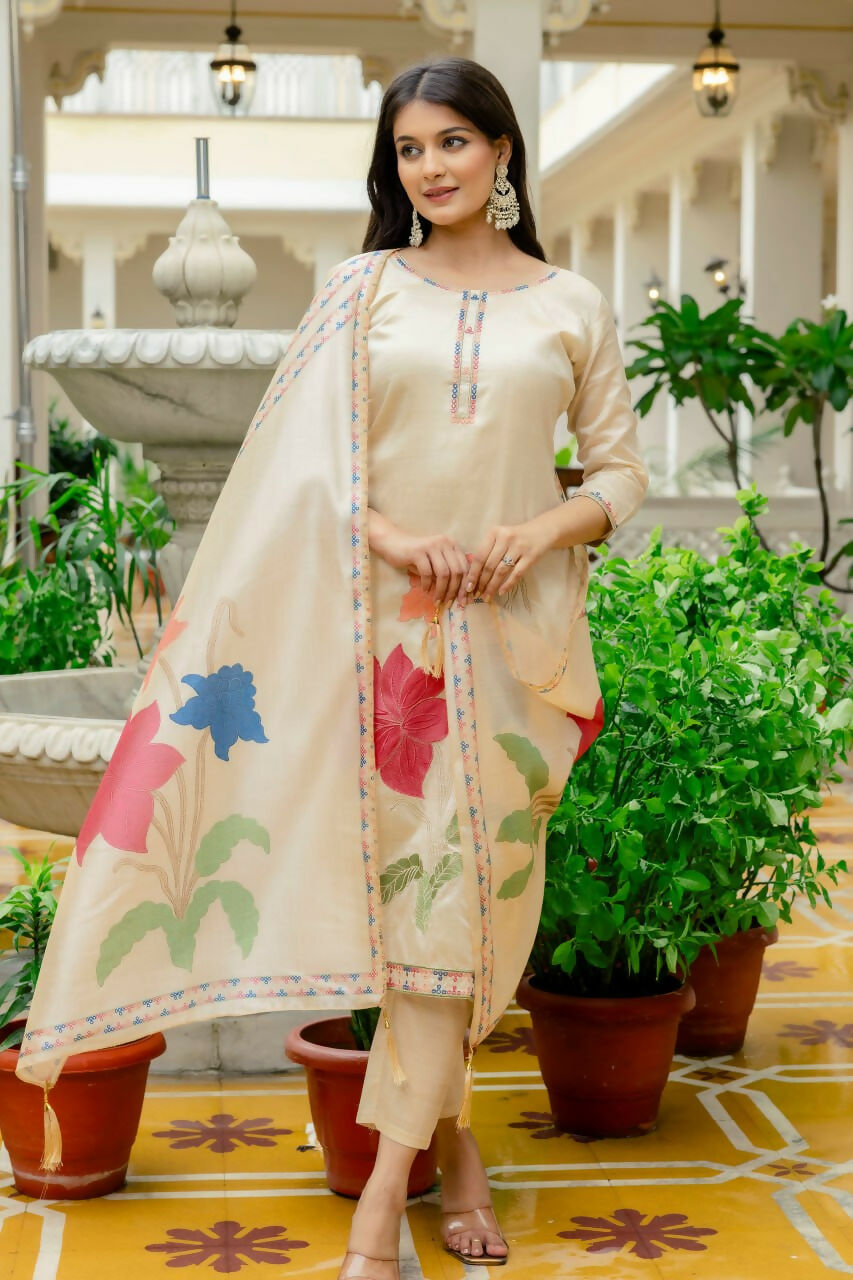 Preksha Creation Off-White Viscose Assam Silk Embroidered Beads Kurta Set With Dupatta And Pant