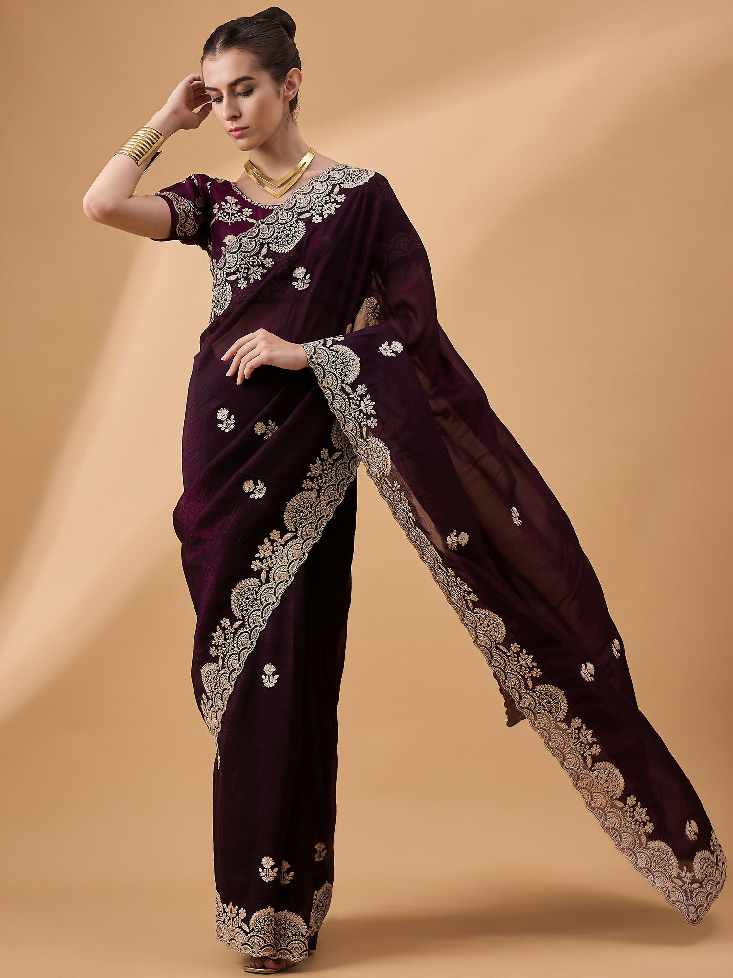 Purple Silk Embroidered Saree with Unstitched Blouse Piece - Satya - Distacart