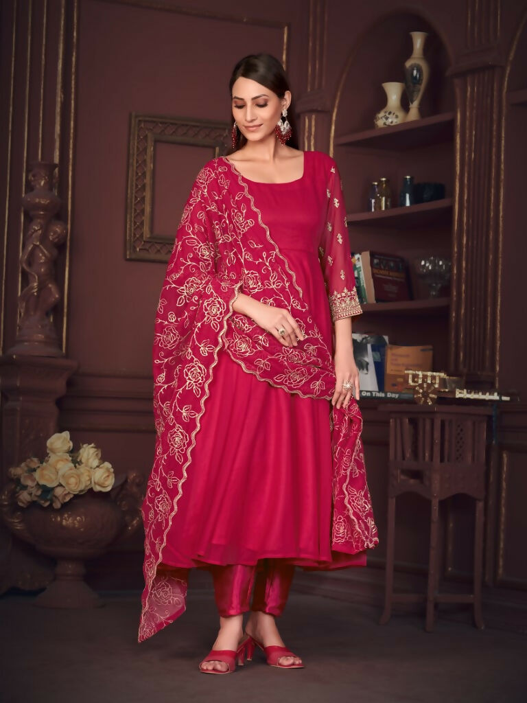 Jyoti Fashion Women's Rani Pink Georgette Embroidered Anarkali Kurta Pant Set With Dupatta - Distacart