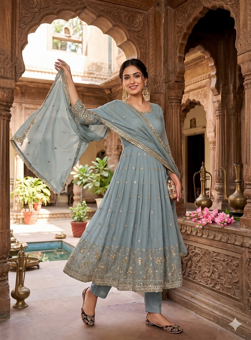 Teeya Creation Elegant Grey Embroidered Anarkali Kurta Set With Mirror Work Dupatta - Dista