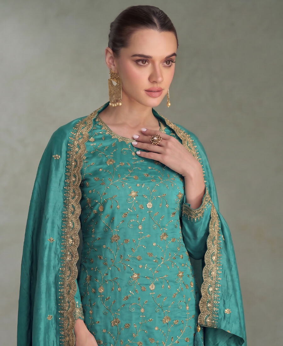 KC Sky Blue Silk Straight Suit For Women Heavy Embroidery Work - Dista