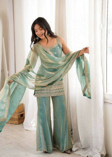 Teeya Creation Seafoam Green Embroidered Frendy Silk Sharara Suit Set - Dista