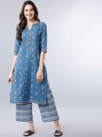 Thumbnail for Vishudh Ethnic Motifs Printed Mandarin Collar Cotton Straight Kurta - Distacart