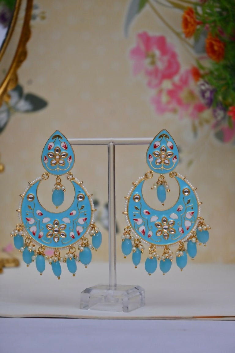 Blue Gold-Polished Brass & Pearl Dangle Women Earrings| Hand Painted Meenakari Chandbali Traditional Ethnic Wear Earrings By House of Ree - Distacart
