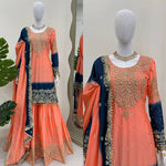 Thumbnail for The52 Women's Beautiful Chinon silk Fabric Embroidery Work Straight Kurta Palazzo and Dupatta Set - Distacart