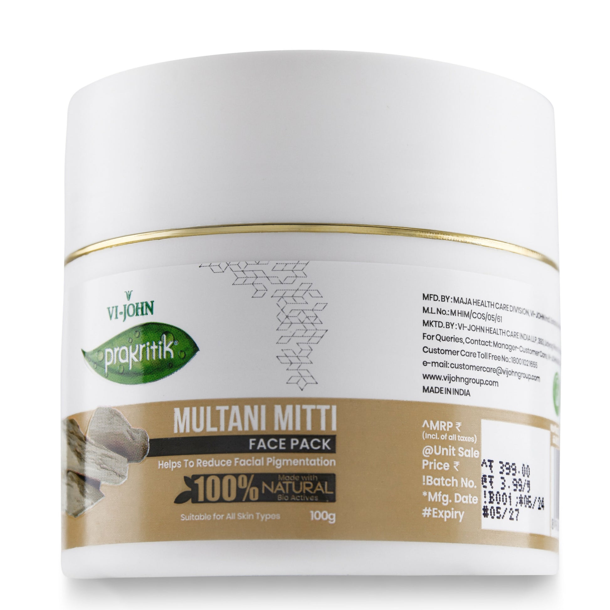VI-JOHN Prakritik Multani Mitti Face Pack Controls Sebum Made With 100% Natural Bio Actives - Distacart