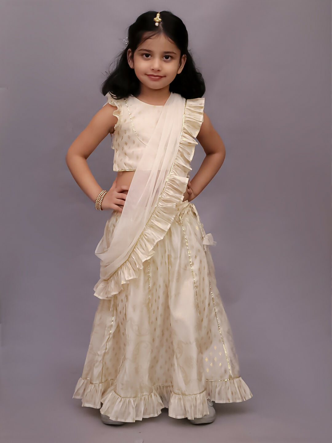 Lil Drama Mishti Off White Lehanga Choli Dupatta Set For Girls