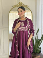 Thumbnail for The52 Purple Women's Gorgeous Embroidered Vichitra Silk Fabric Flared Kurta Pant with Dupatta Set - Distacart
