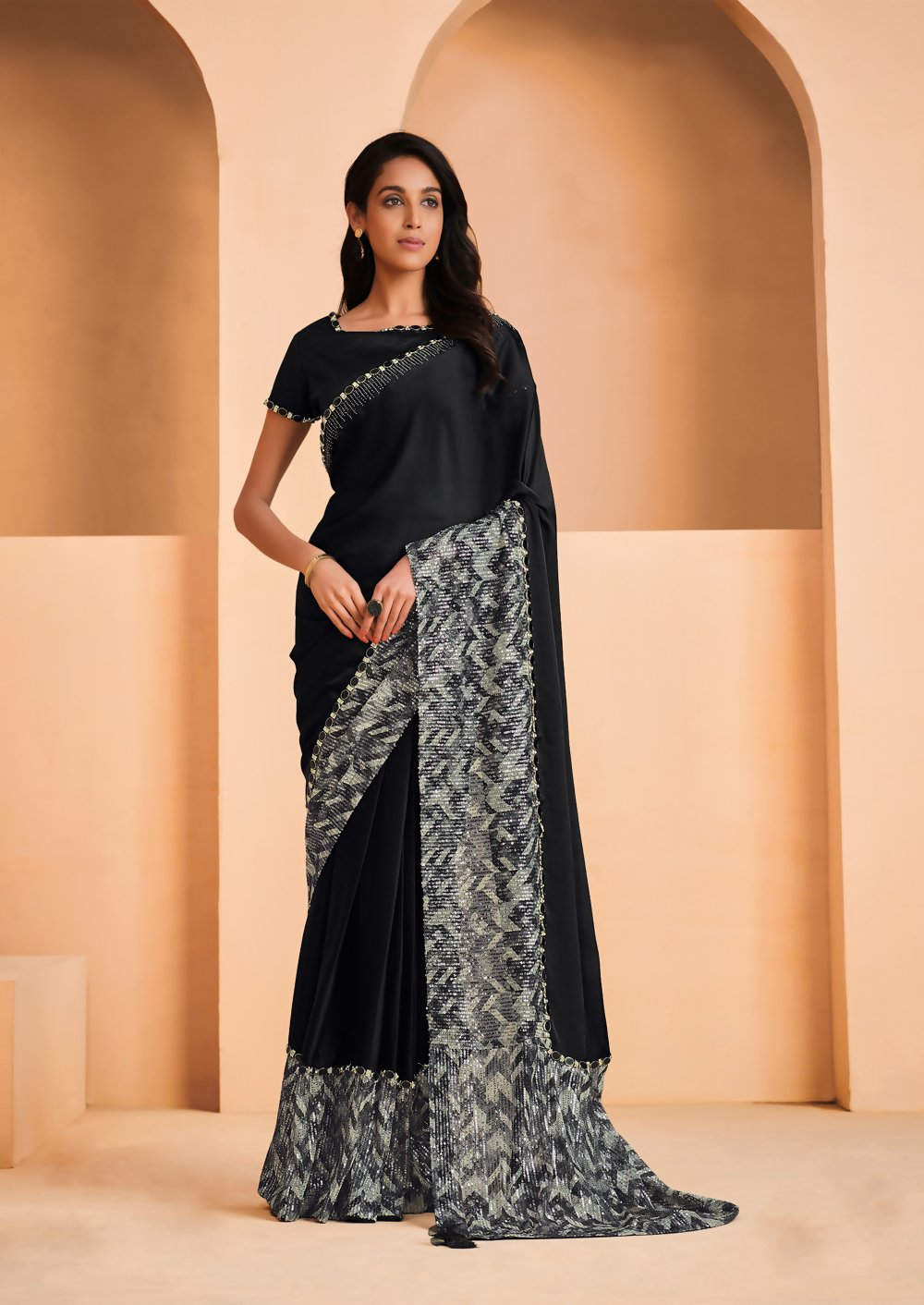 Black Satin Crepe Silk Embroidery with Digital Sequence Work Saree - Norita Helly - Distacart