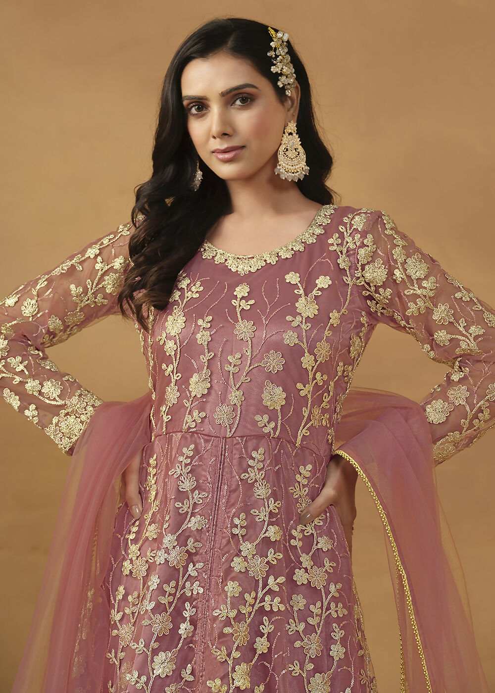 Pant Style Coral Pink Embroidered Net Wedding Anarkali Suit - Emponline - Distacart