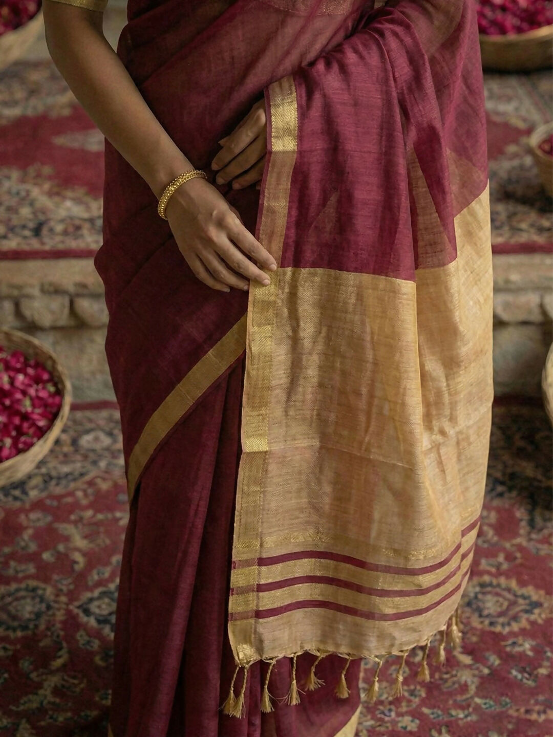 Astita Wine Cotton Saree - Distacart