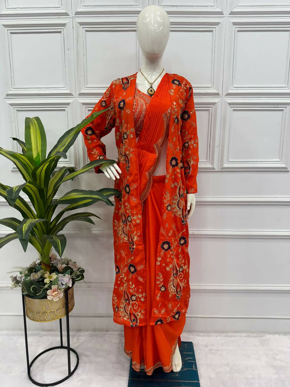 Teeya Creation Orange Color Chinon Silk Designer Embroidery Work Ready To Wear Saree With Koti - Distacart