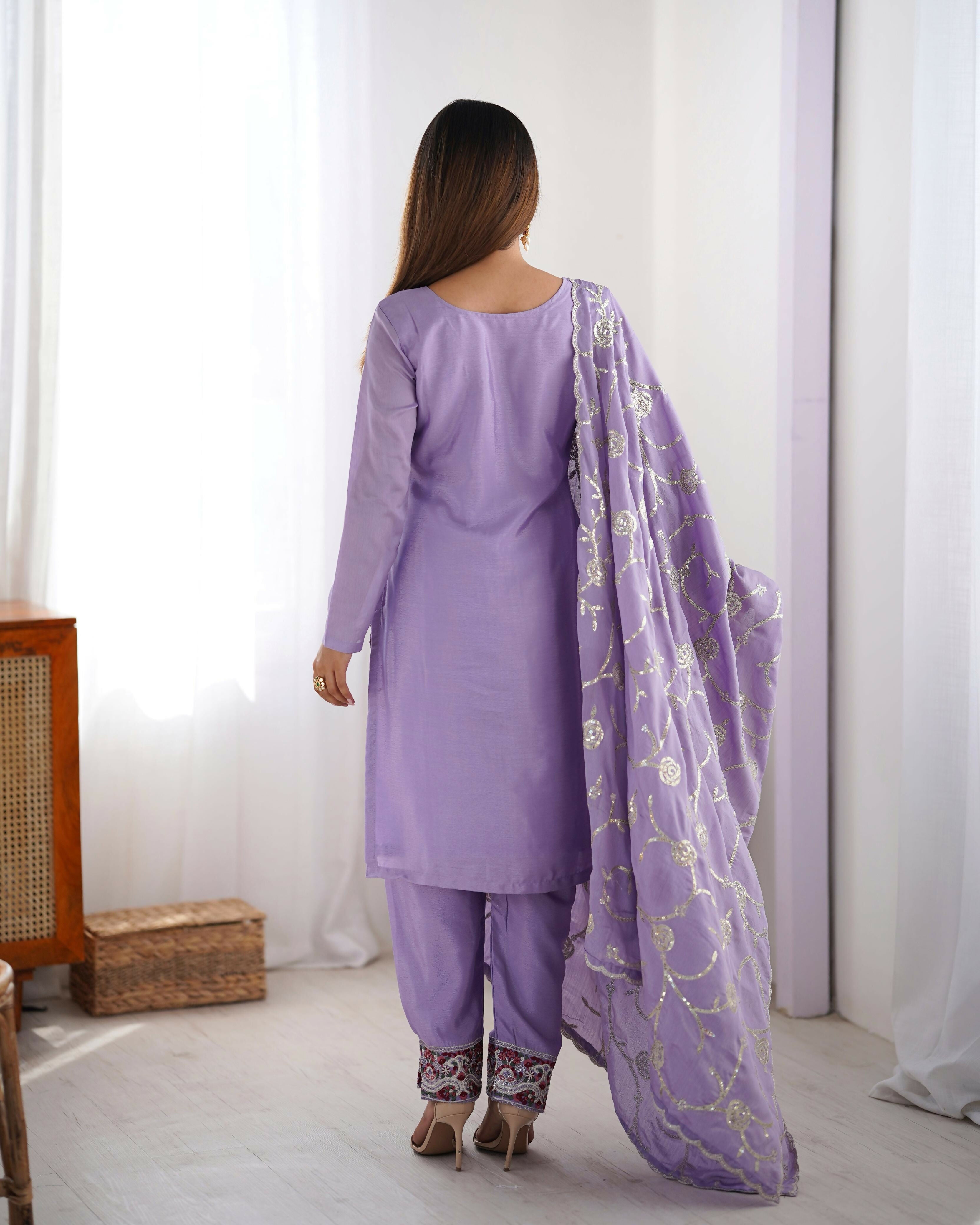 Joban Fashion Light Purple Kurta set with Pant Chinon silk Thread with Sequins work