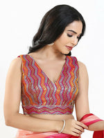 Thumbnail for Joban Fashion Pink Multi Silk Padded Blouse With V Neck Sleeveless - Distacart