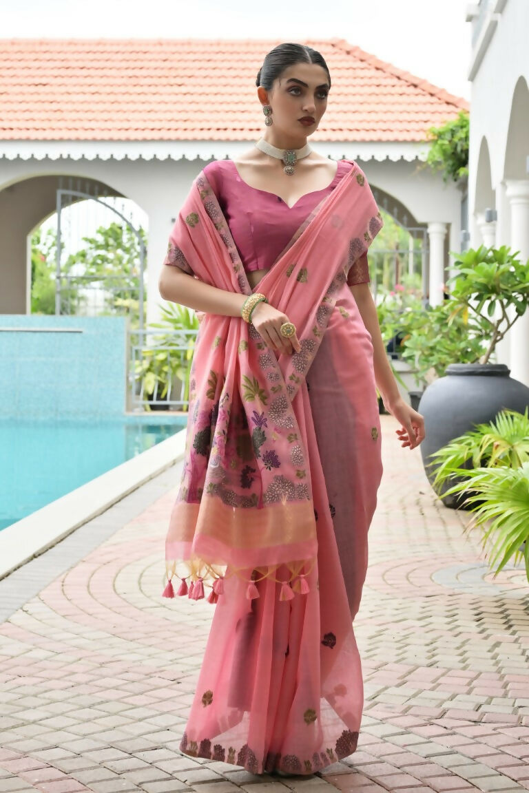 Vishnu Weaves Women's Pink Muga Cotton Thread Weaving Saree with Blouse