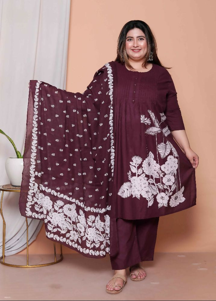 Miravan Womens Plus Size Wine Floral Kurta With Palazzo And Dupatta Set - Distacart