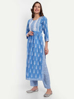 Thumbnail for Alvano Printed Naira Cut Kurti with Pant set for Women and Girls Cotton (Blue) - Distacart