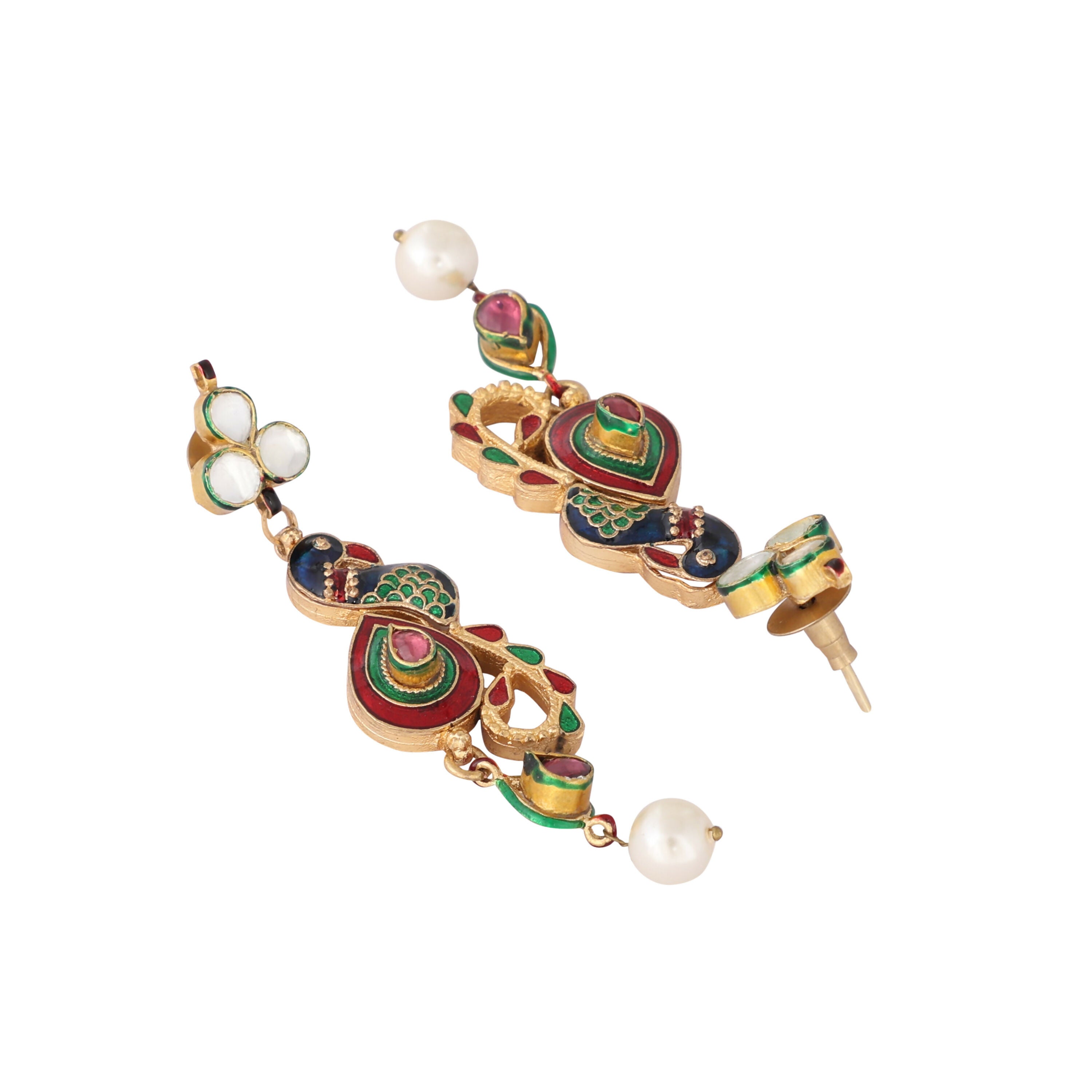 Nuyug 22K Gold Plated Pearl Drop Kundan Studded Ethnic Peacock Shaped Drop Earrings