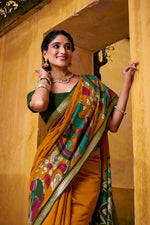 Thumbnail for Vastranavya Mustard Viscose Chanderi Kalamkari Print with Zari Working Saree & Unstitched Blouse - Distacart