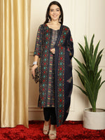 Thumbnail for Jyoti Fashion Women's Navy Blue Pashmina Floral Digital Printed Kurta with Trouser & Dupatta - Distacart