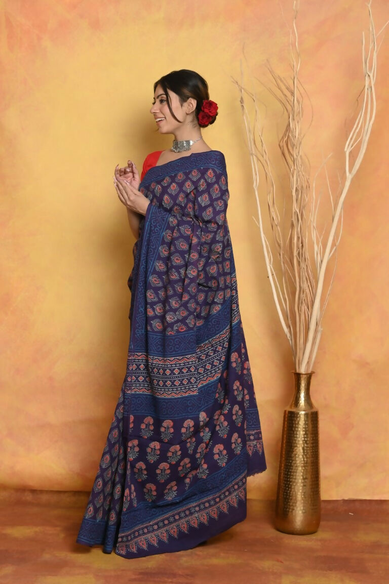 Very Much Indian Handblock Printed Cotton Saree With Natural Dyes - Blue - Distacart