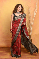 Thumbnail for Very Much Indian Modal Silk Ajrakh Handblock Printed Natural Dyes With Designer Border Saree - Red - Distacart