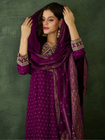 Thumbnail for The52 Wine Women's Gorgeous Embroidered Work Vichitra Silk Fabric Flared Kurta Pant and Dupatta Set - Distacart
