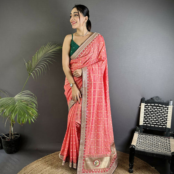 Joban Fashion Baby Pink Bandhej Bandhani Vichitra Silk Bandhani Prints Saree
