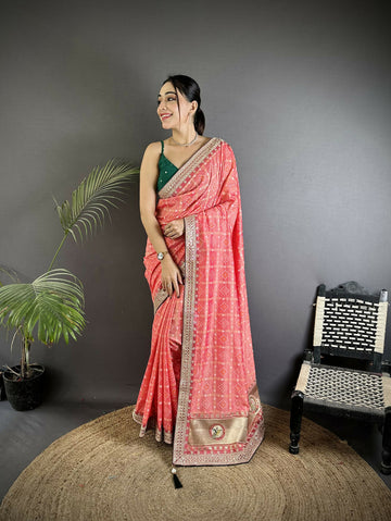 Joban Fashion Baby Pink Bandhej Bandhani Vichitra Silk Bandhani Prints Saree - Distacart