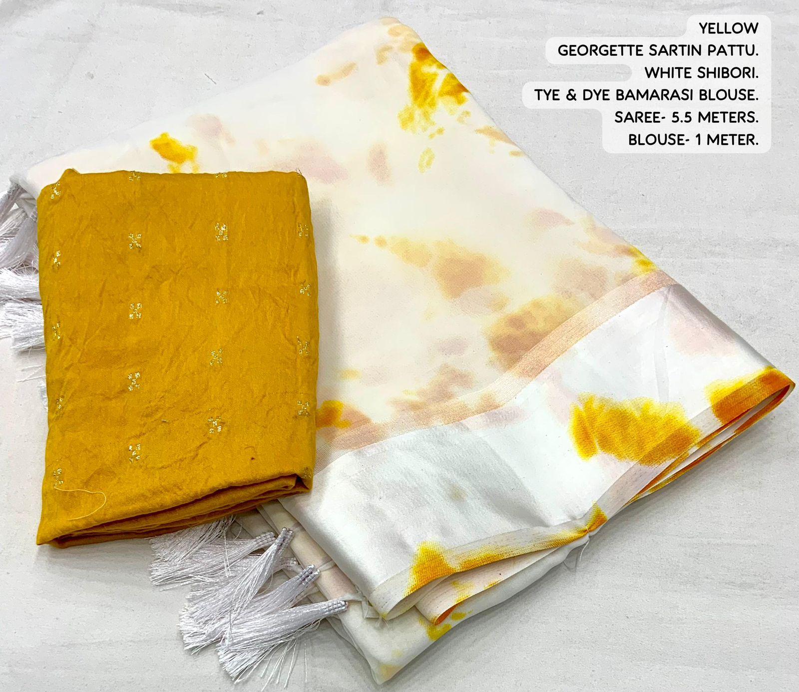 Yellow Poly Georgette Tie and Dye Saree with Unstitched Blouse - Hiral Fashion - Distacart