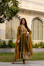 Thumbnail for Teeya Creation Mehendi Primium Fendy Satin Silk Embroidery Work Wedding Wear Gown - Distacart