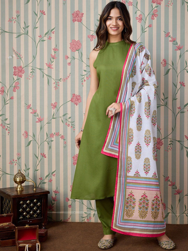 Ode by House of Pataudi Round Neck A-Line Kurta with Trousers & Dupatta - Distacart