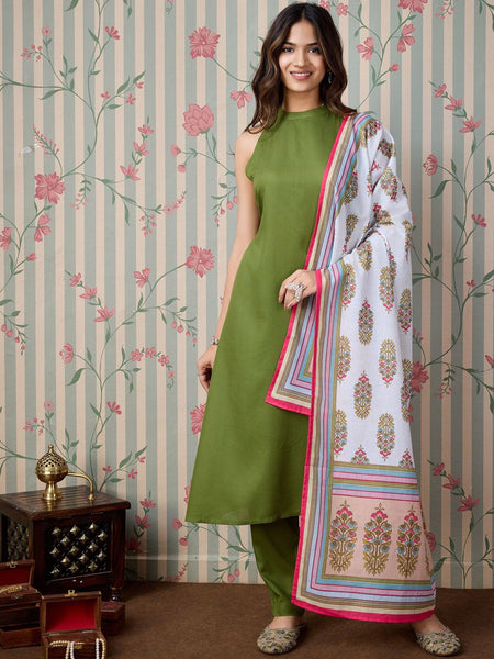 Ode by House of Pataudi Round Neck A-Line Kurta with Trousers & Dupatta - Distacart