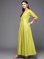 Thumbnail for Ahalyaa Women Lime Yellow & Pink Printed Pleated A-Line Maxi Ethnic Dress - Distacart