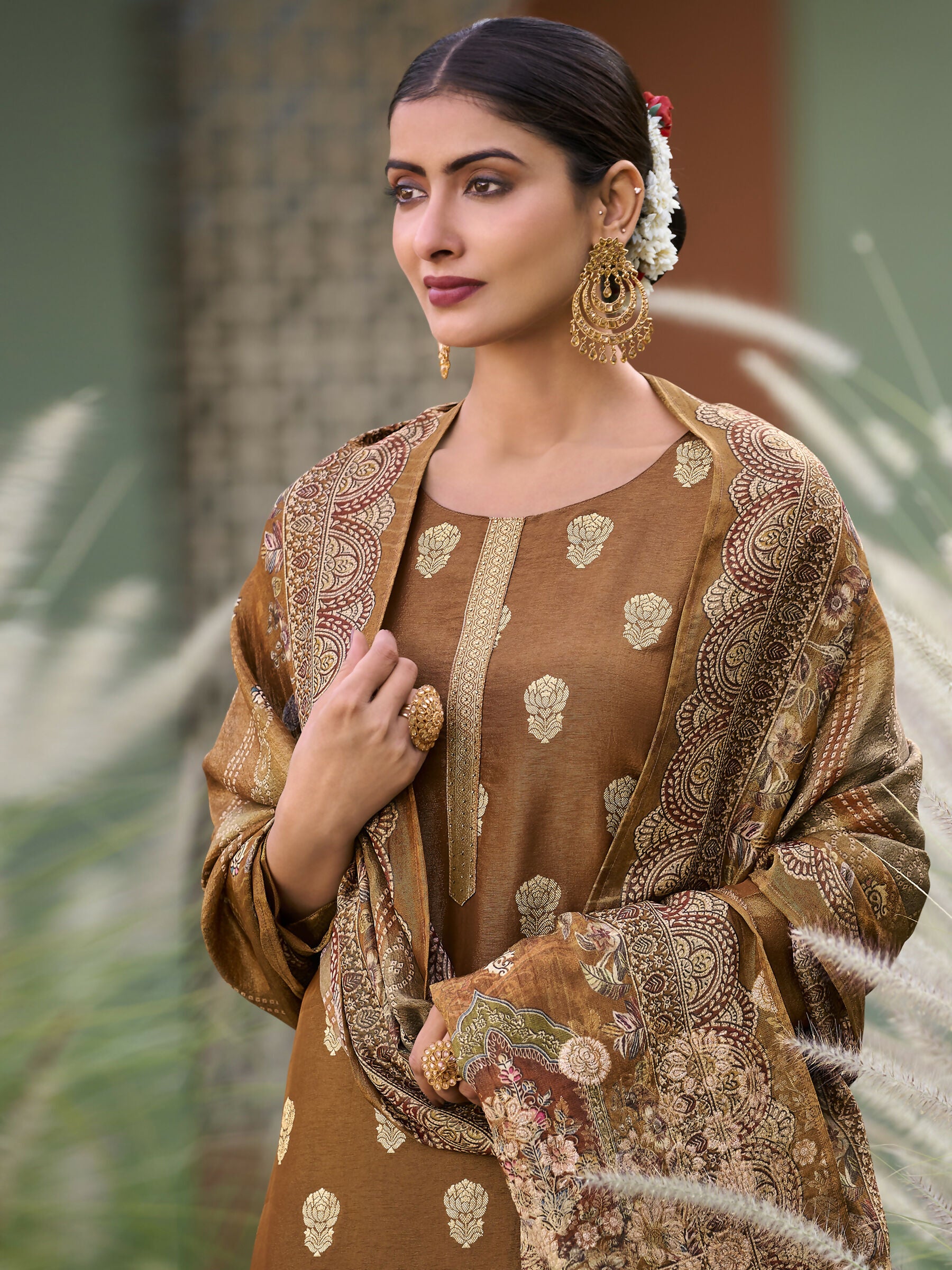 Jyoti Fashion Women's Brown Pure Silk Elegant Jacquard Woven Kurta with Trouser & Dupatta - Distacart